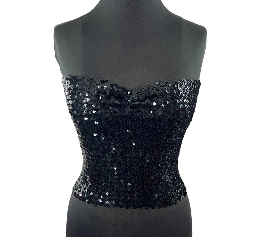 VINTAGE Victoria's Secret Black Sequin Strapless Top Party Taylor Swift Eras XS